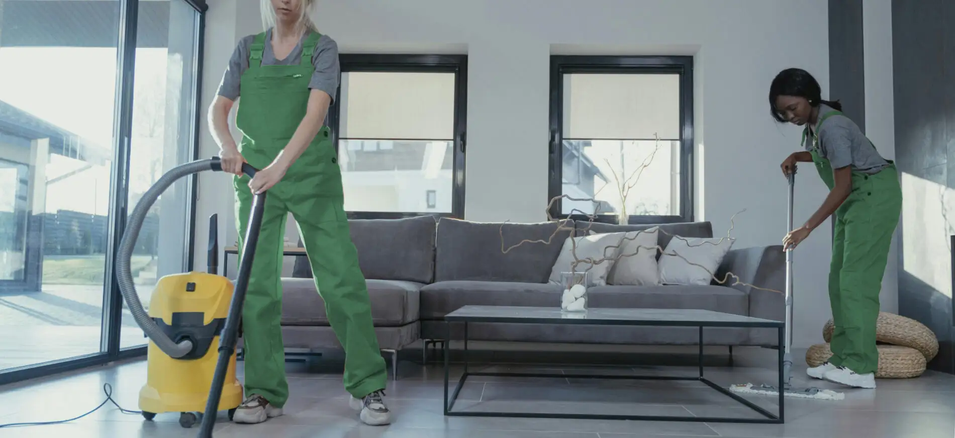 Cleaner vacuuming a living room during a recurring house cleaning visit